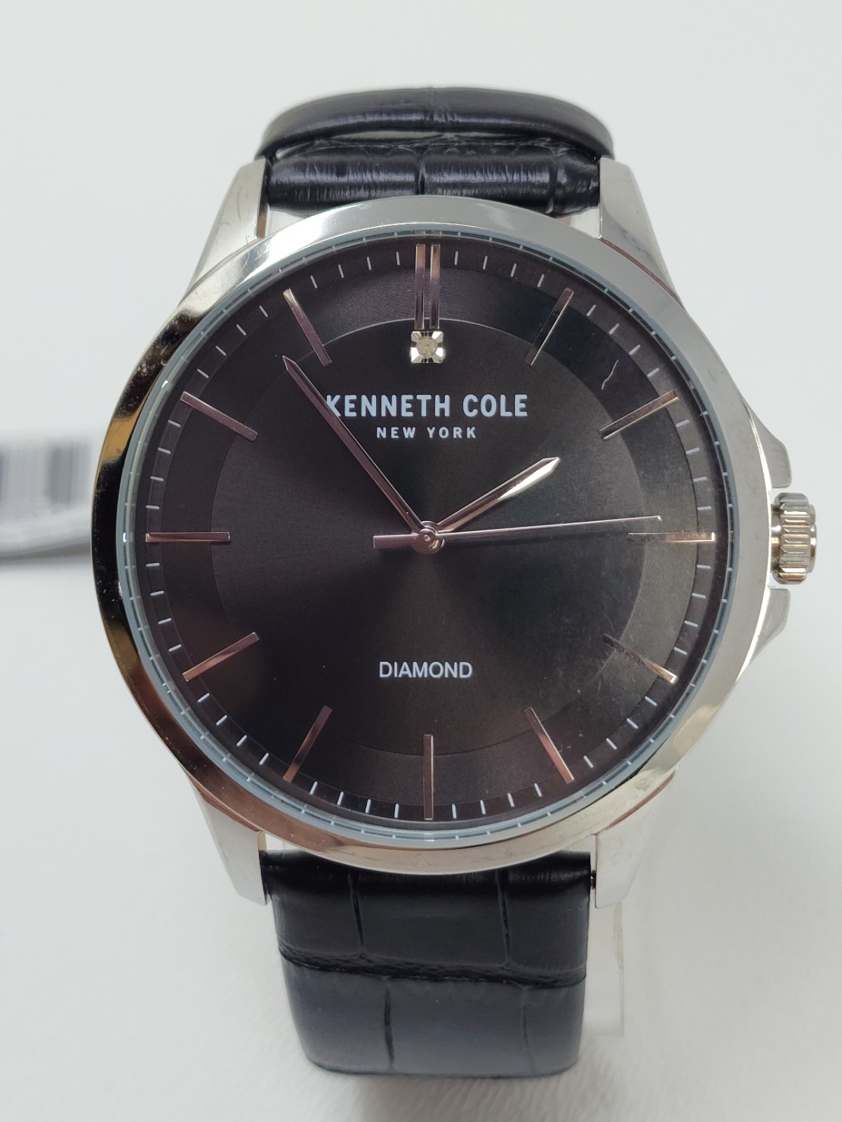 Kenneth Cole New York Men’s Diamond-Accent Black Leather Strap Watch 44mm