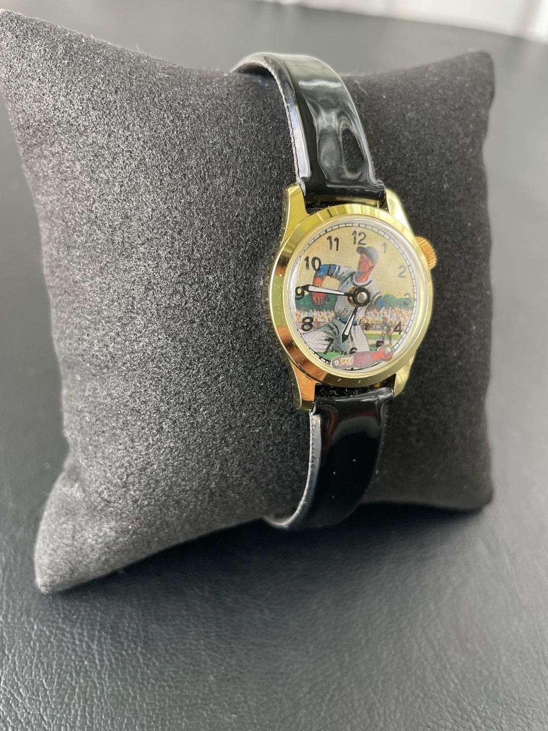 Vintage Swiss Made Baseball Player Character Wrist Watch with Black Strap