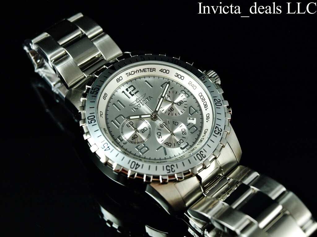Invicta Men’s 45mm Specialty PILOT Chronograph SILVER DIAL Silver Tone SS Watch