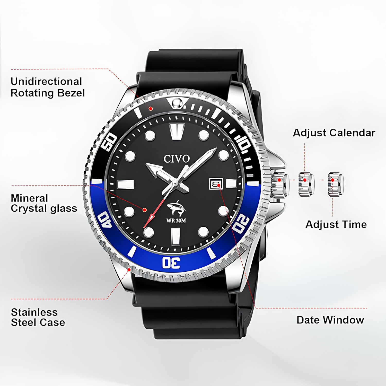 Mens Sport Watch Waterproof Analog Luminous Date Silicone Strap Outdoor Casual