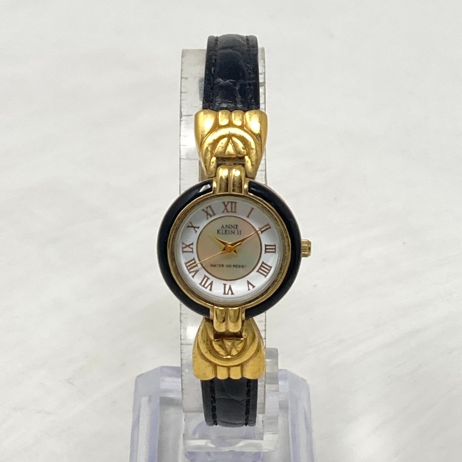 Vtg Anne Klein II Watch Women 24mm Gold Tone MOP Black Classic New Battery 8″