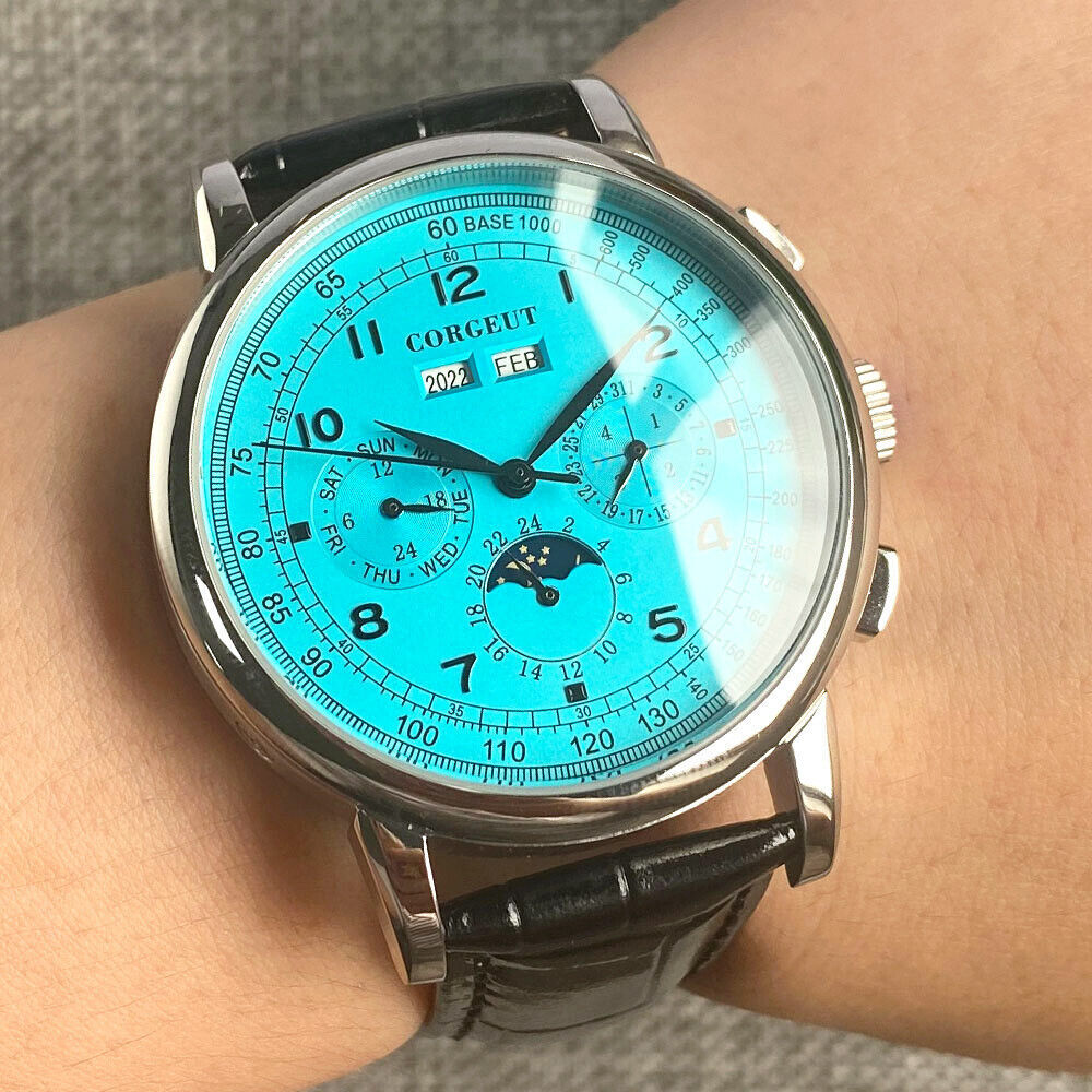 42mm Corgeut Green Blue pink Dial Day Multifunction Sea-gull Automatic Men Watch