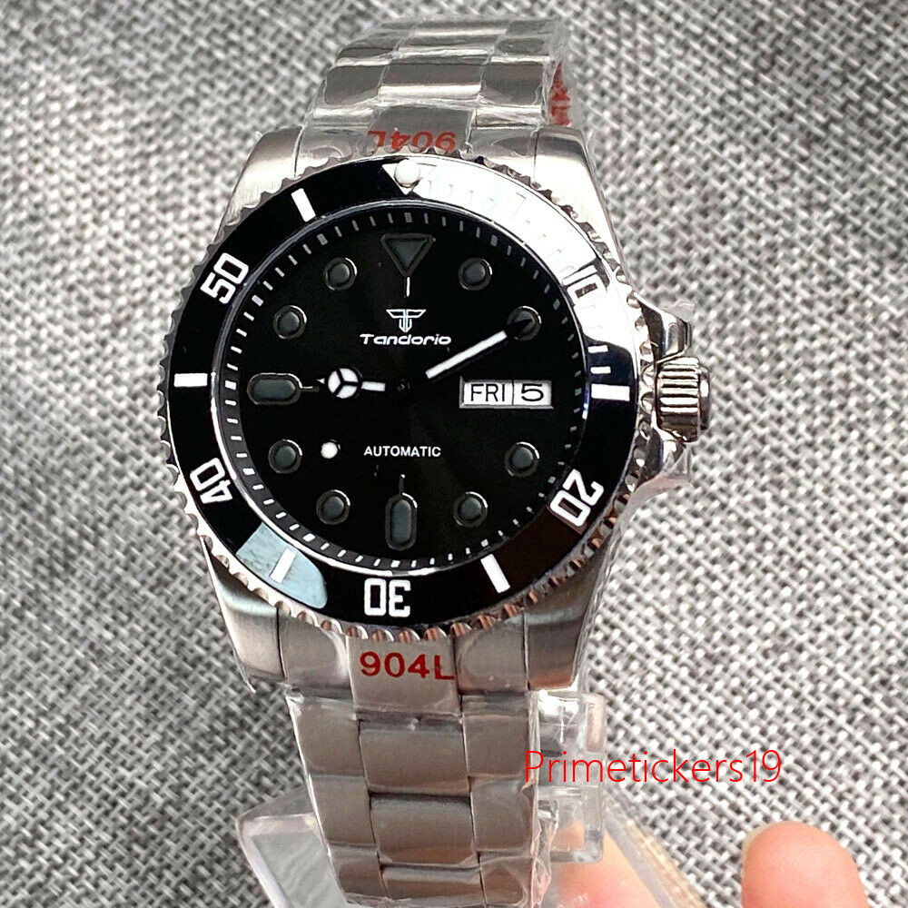 Tandorio NH36A Auto Date Weekday Automatic Men Watch Black Dial Sapphire Glass