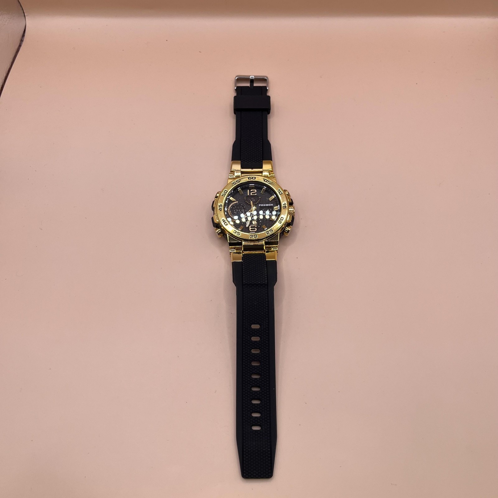 FOXBOX Watch Mens Gold Tone Analog Quartz Japan Movement WR 50M Silicone Strap