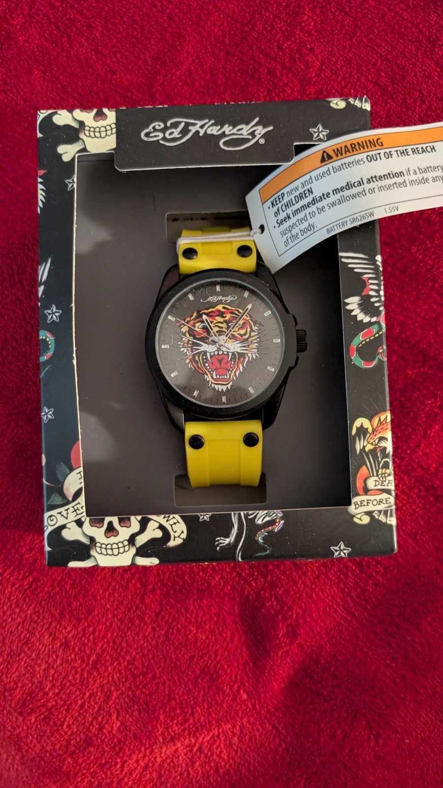 Ed Hardy Tiger Print Analog Wristwatch Yellow Band Tattoo Theme w/ Original Box