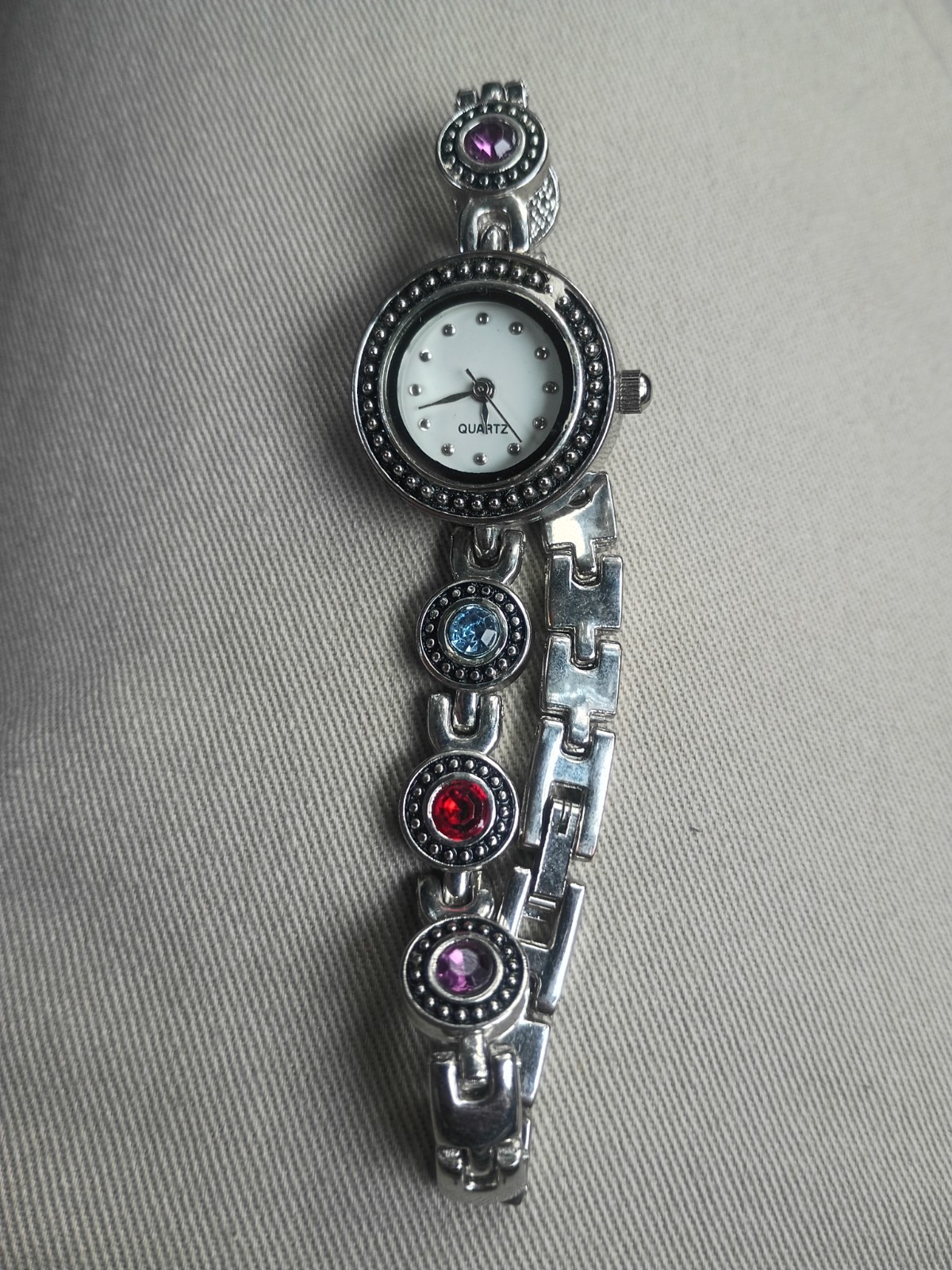 Silver Tone Bracelet, Watch & Necklace Set – Red, Blue & Purple Rhinestones
