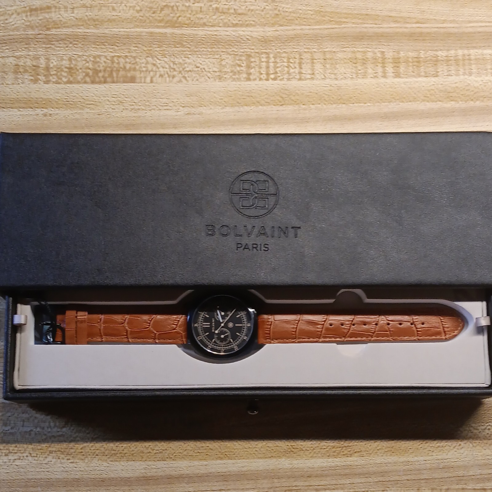 Bolvaint Vitus Black Chronograph Quartz Watch Brown Leather Strap Box Manual