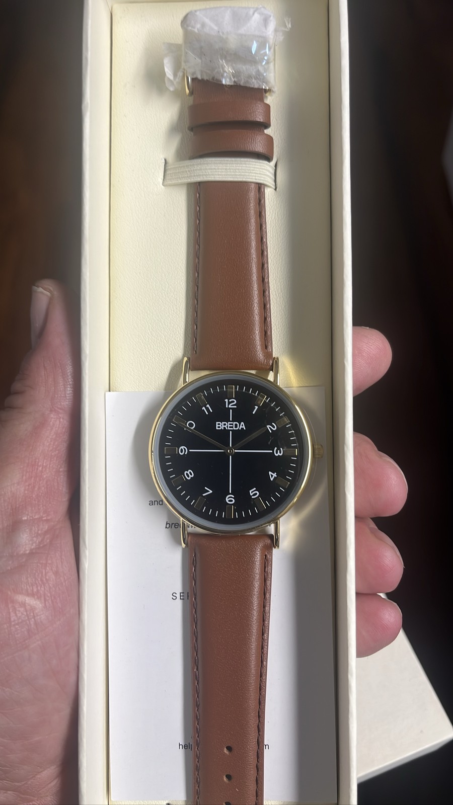 Breda Unisex Watch Gold Tone Black Dial Brown Leather Strap Analog