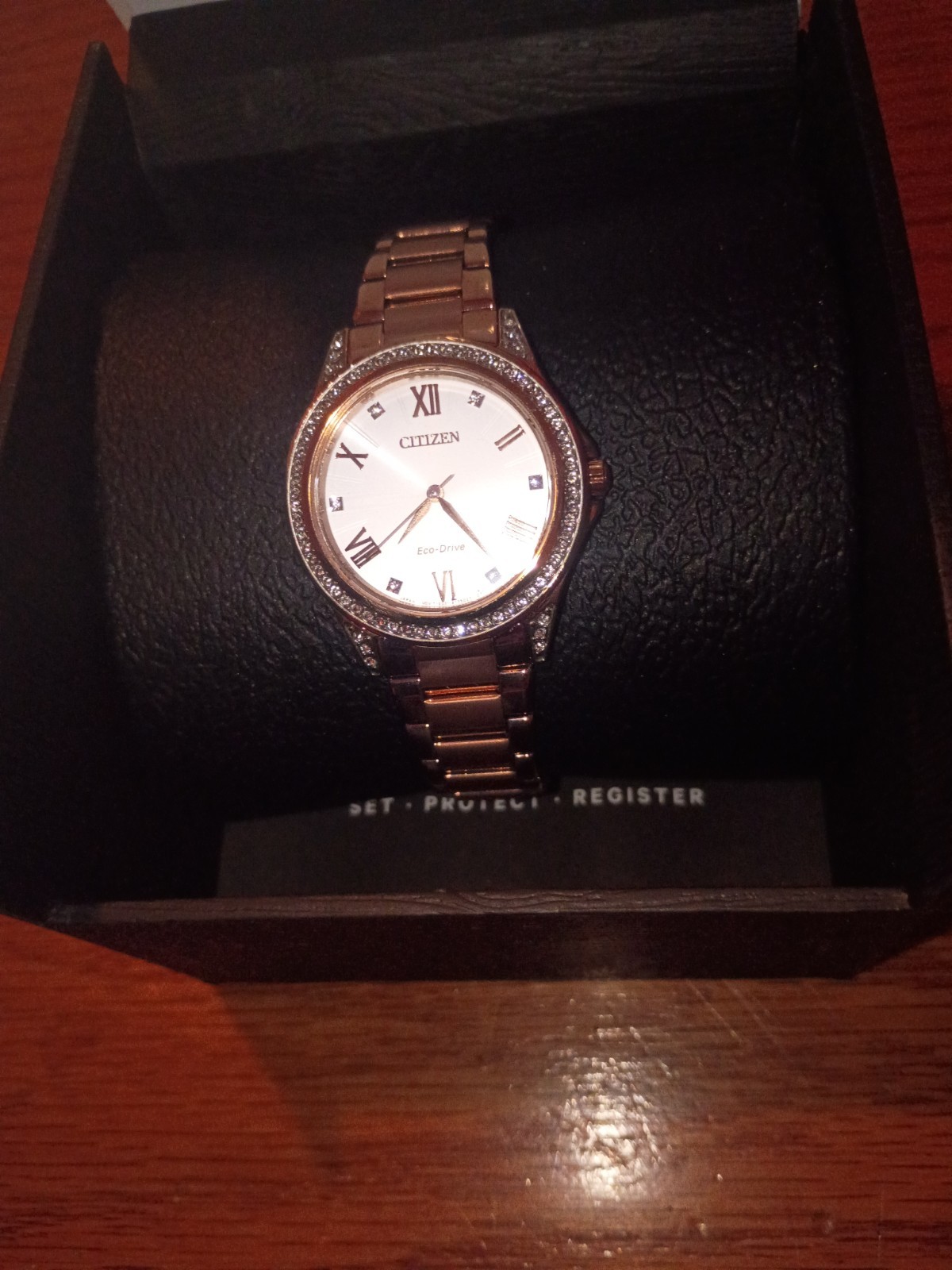 Citizen Eco-Drive Rose Gold Tone Bracelet White Roman Dial Crystal Bezel Box