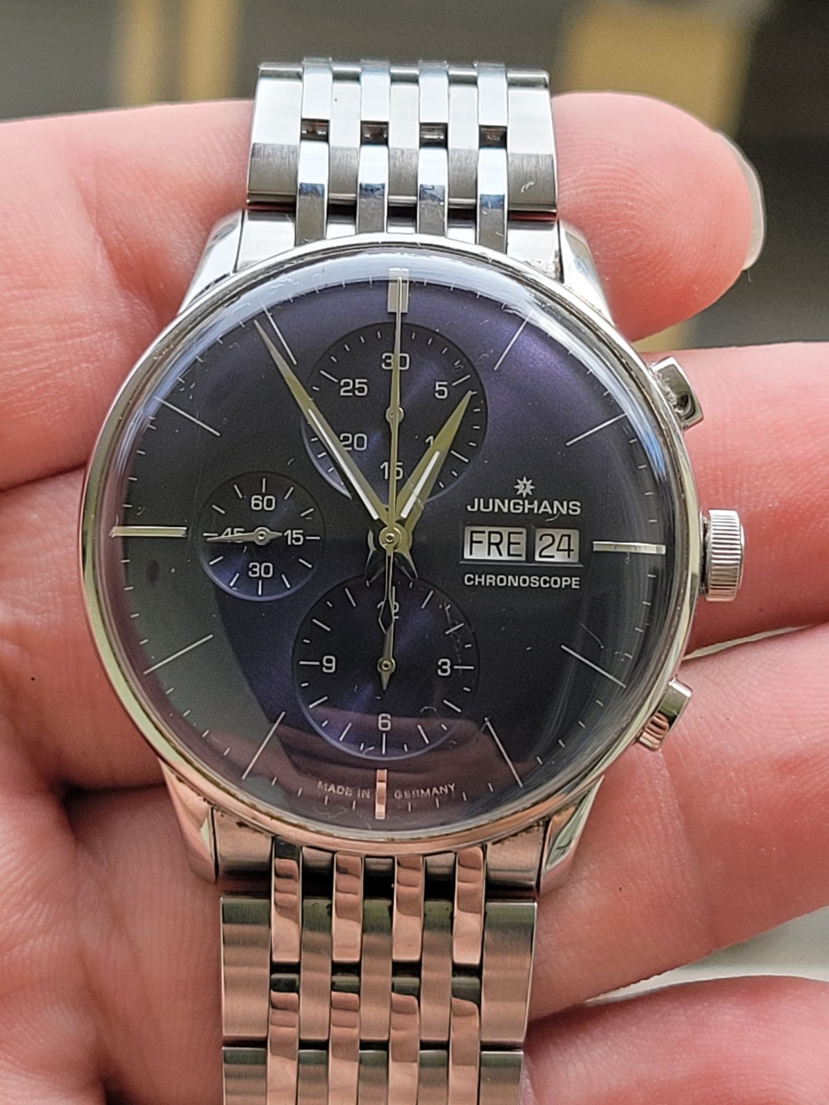 JUNGHANS Meister Chronoscope 027/4528. automatic plexiglass Blue Dial 41mm
