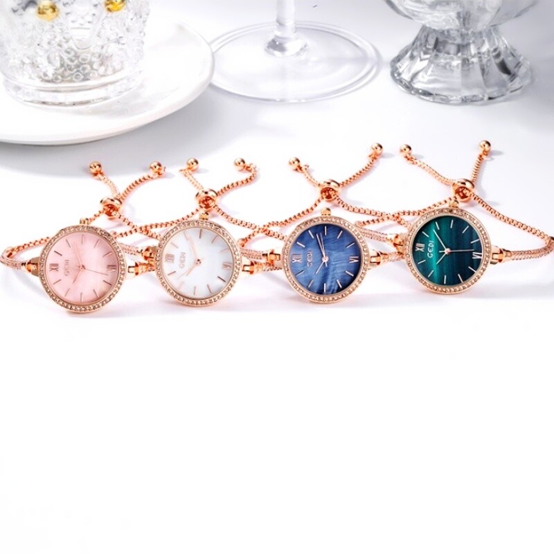 18K Rose Gold Filled Crystal Round Face Adjustable Slide Bracelet Quartz Watch