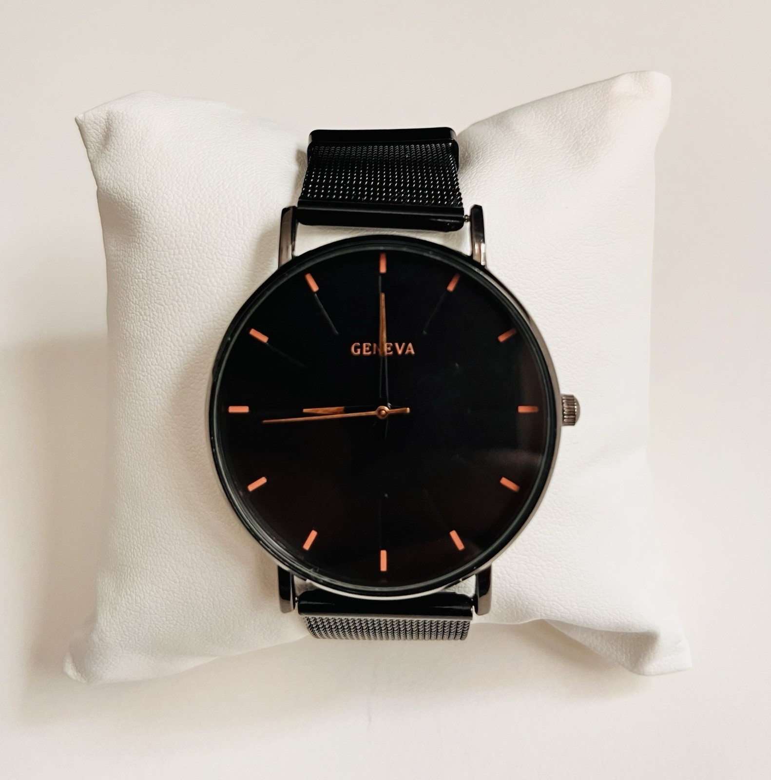 Geneva Watch Black With Rose Gold Time Highlights