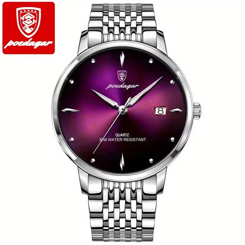 Poedagar Quartz Dress Watch 30M Water Resistant Date Purple Dial Steel Bracelet