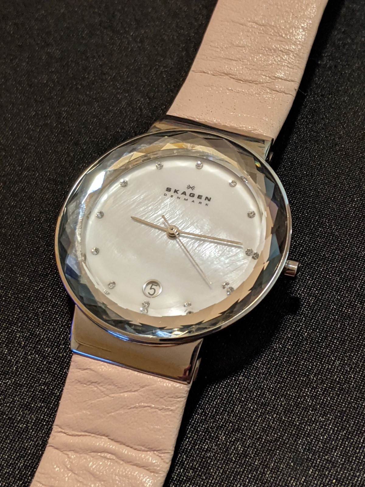 SKAGEN Women’s Quartz Watch SKW2165 MOP Crystal Bezel Blush Pink Leather Band