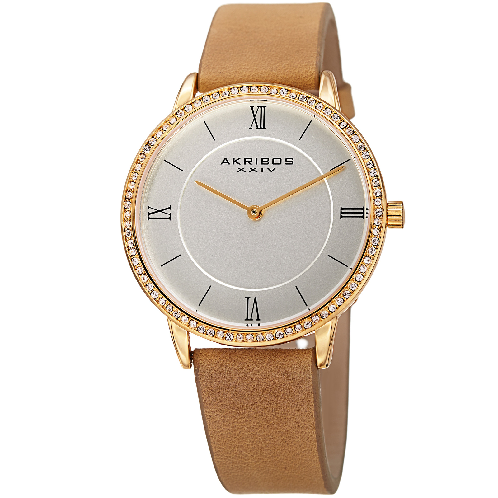 Women’s Akribos XXIV AK924BR Swarovski Crystal Classic Brown Leather Strap Watch