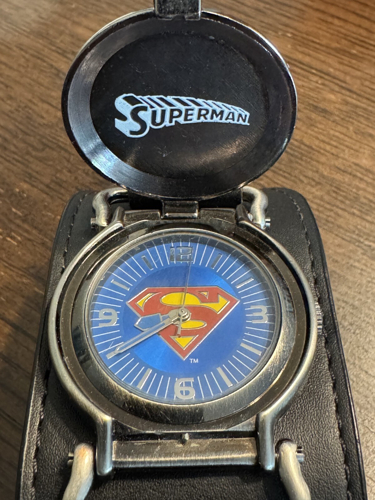 Rare Superman Flip Top Covered Leather Cuff Watch & Decorative Display Tin