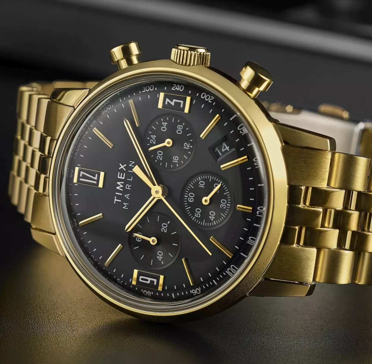 Timex Marlin TW2W59900 Men’s Black Dial Gold-Tone Chronograph Bracelet Watch New