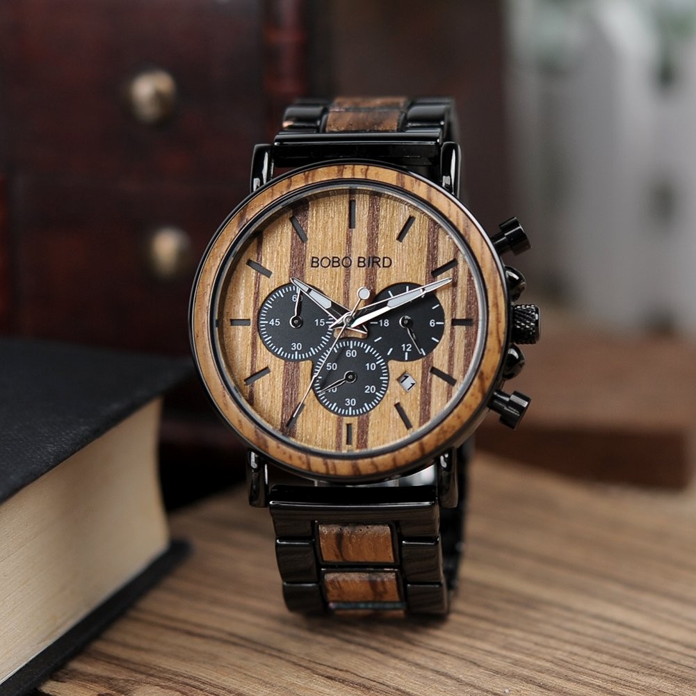 Mens Personalized Engraved Wooden Watche, Stylish Wood & Stainless Steel Comb…