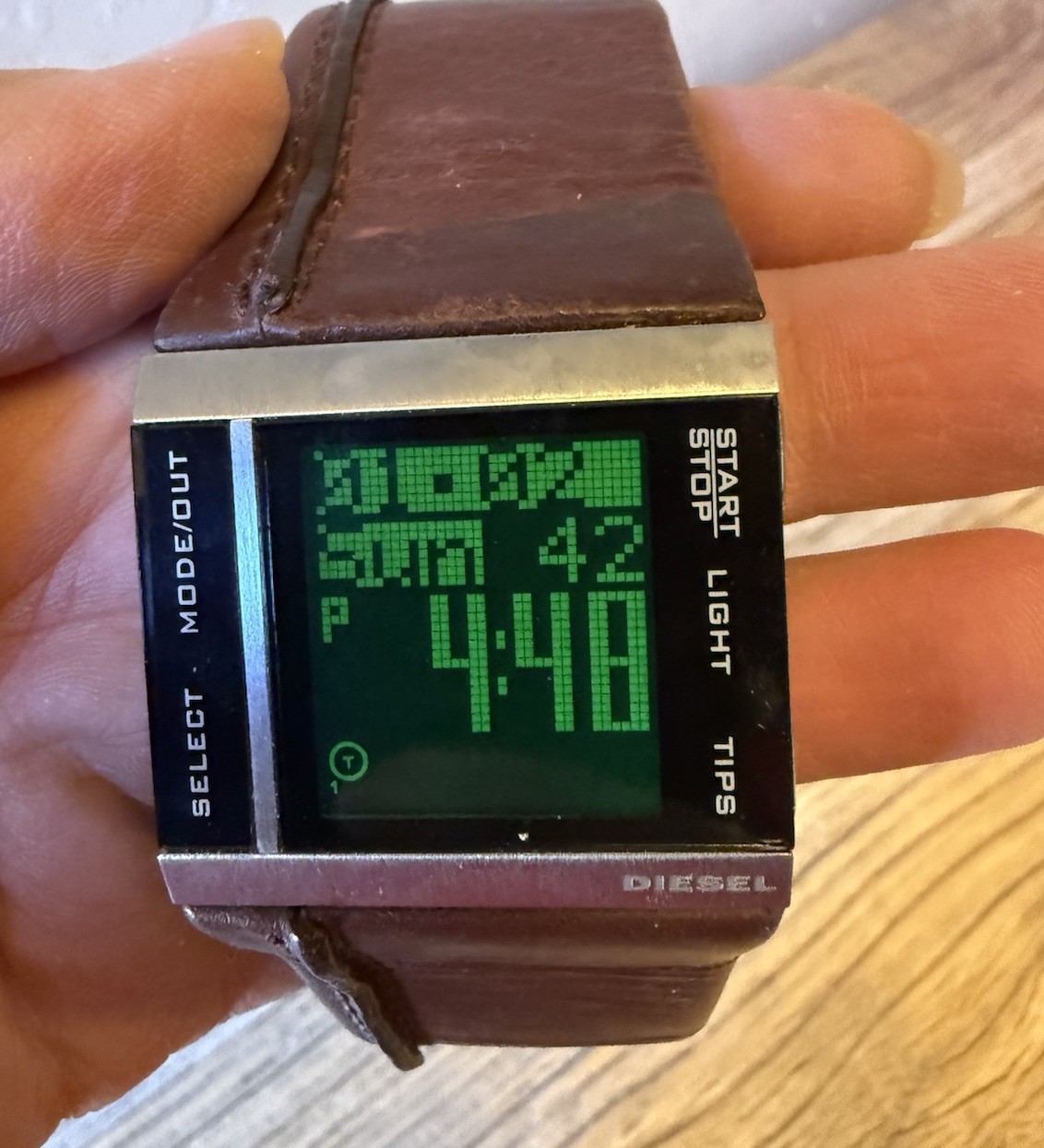 Diesel DZ7144 Brushed Stainless Steel Case Digital Watch w/ Wide Leather Band