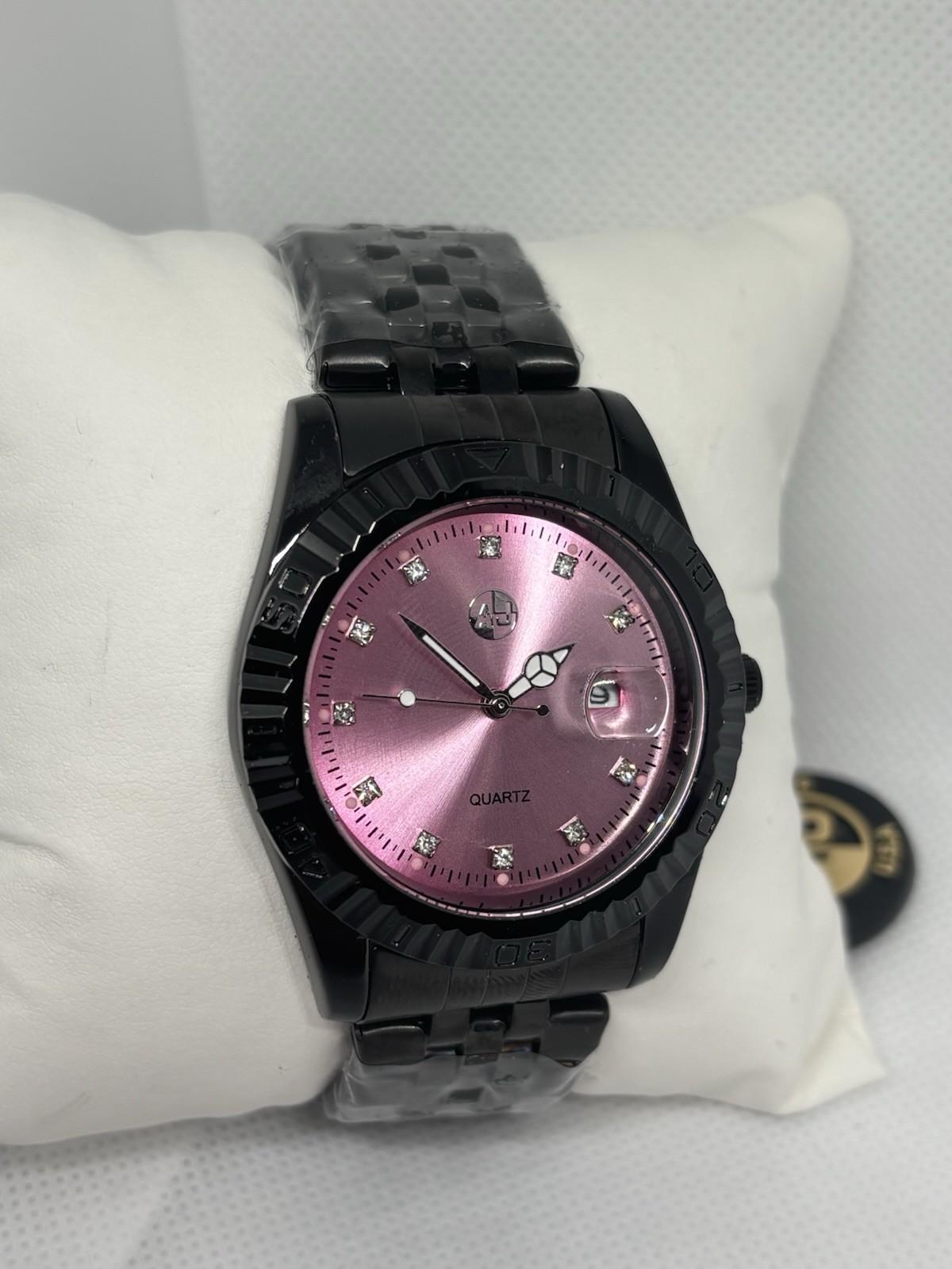 MENS Pink Sunburst Dial Quartz Watch Black Metal Band Crystal Markers
