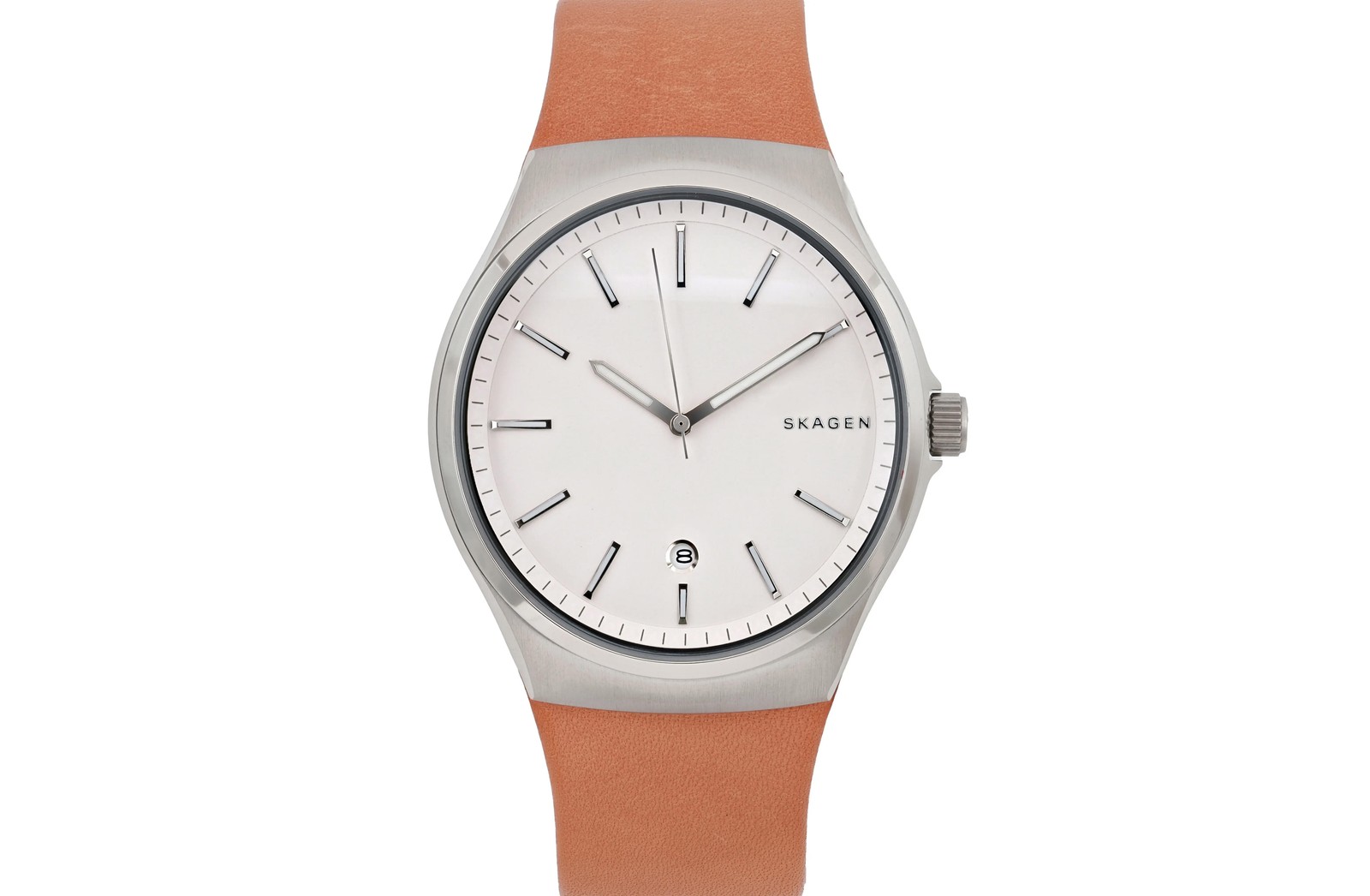 Skagen Denmark 42mm Steel White Dial Brown Leather Band Men Quartz Watch SKW6261