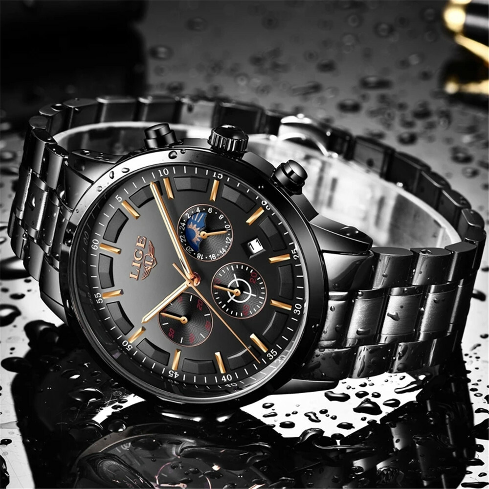 LIGE Men Watches Male Steel Business Chronograph Wristwatch Fashion Quartz Watch