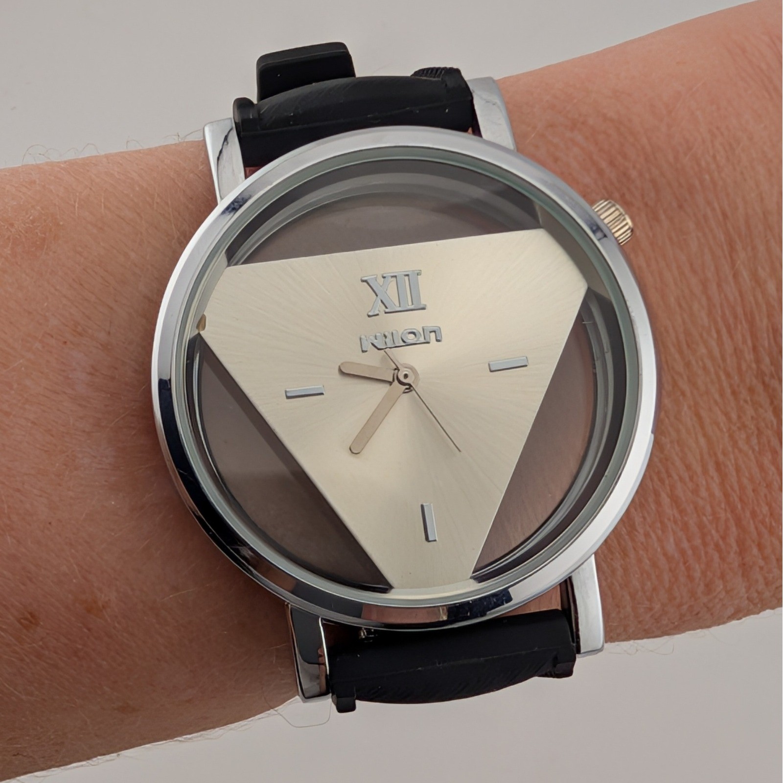 Wilon Triangle Dial Sunburst Quartz Watch Clear Case Black Silicone Strap 38mm