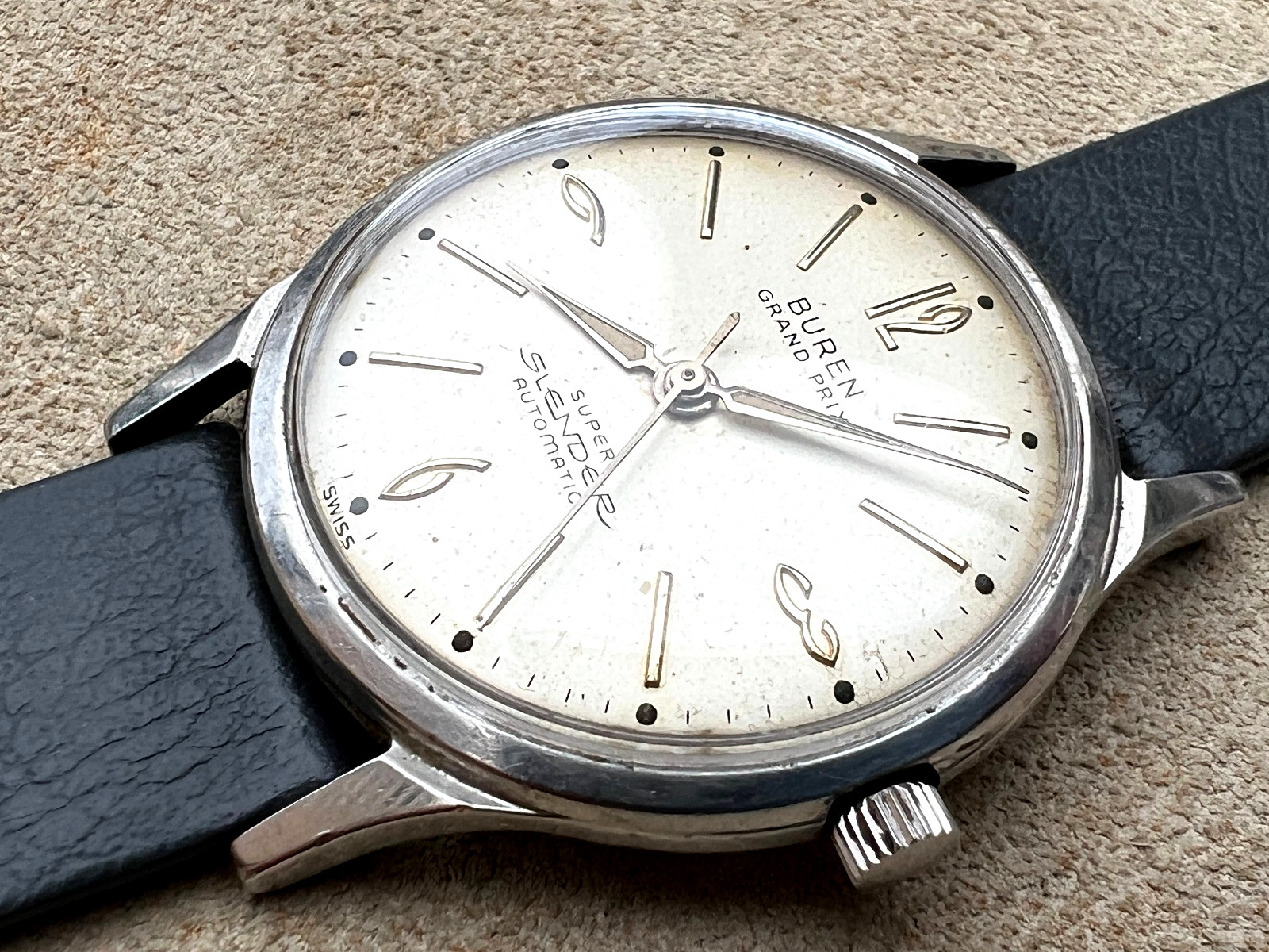 Vintage Buren Grand Prix auto micro rotor watch Slender 25J All Steel 60’s Works
