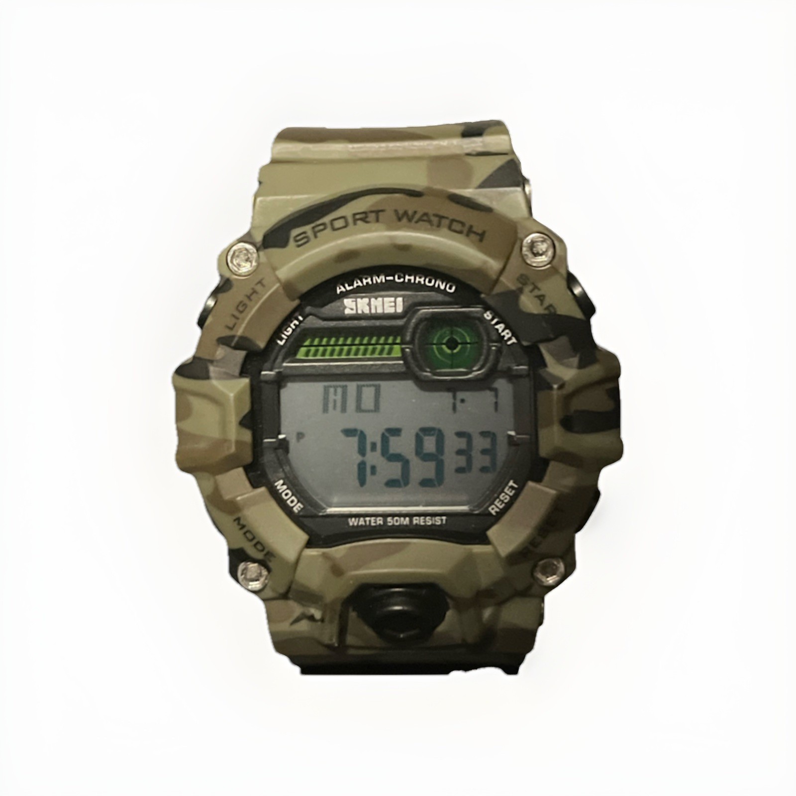 SKMEI 1197 Digital Sport Watch Green Camo Water Resistant Military Style EUC