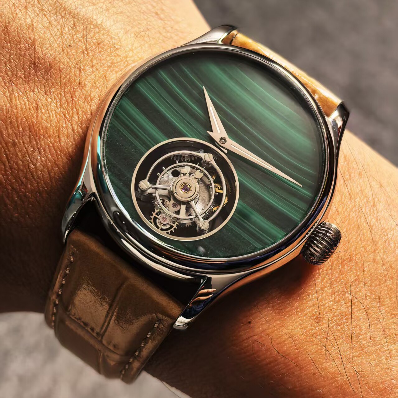 Merkur Men Tourbillon Watch 42mm Mechanical Wristwatch Sapphie Green Stone Dial
