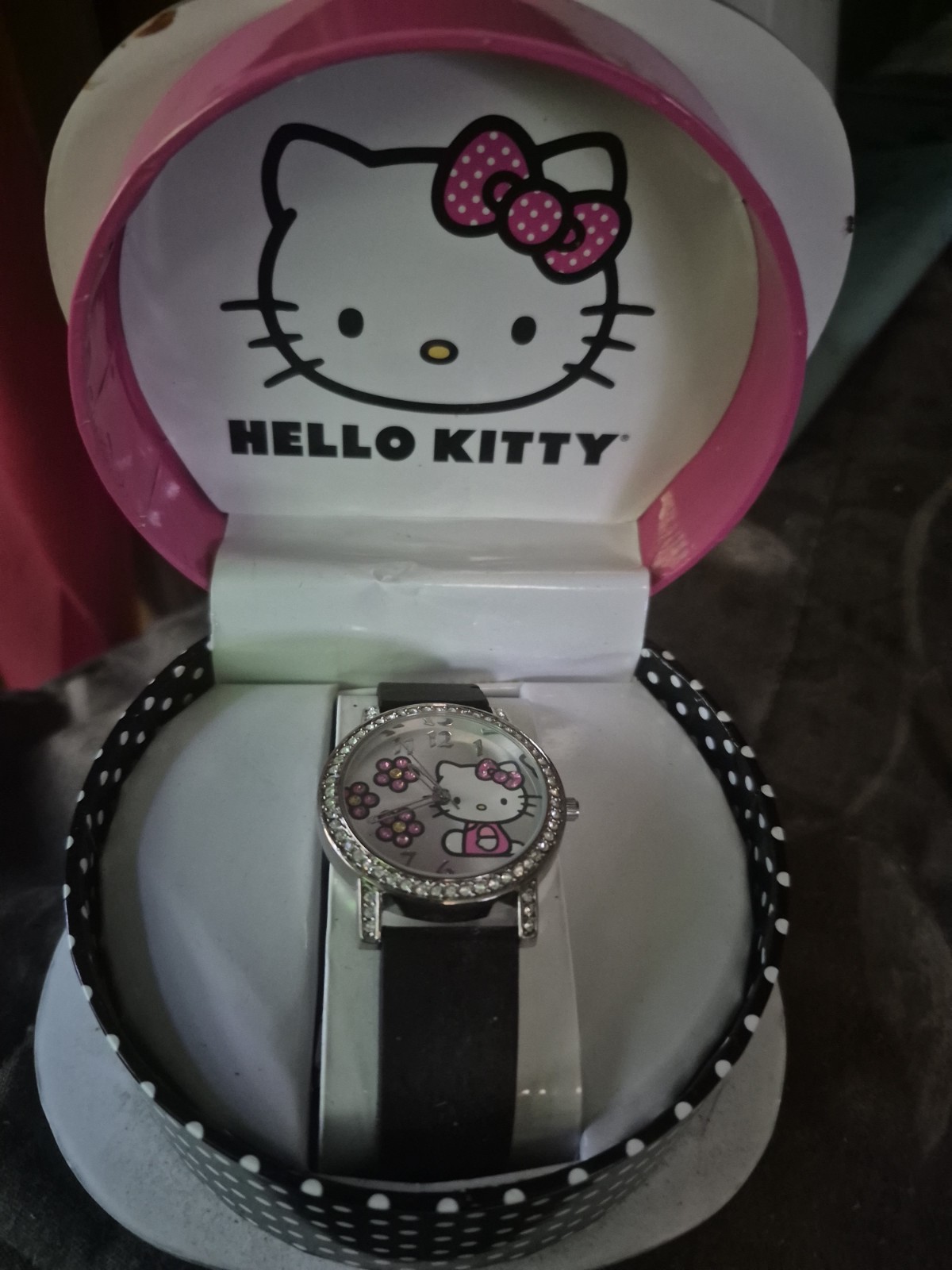 Hello Kitty Girls Quartz Analog Watch Black Rubber Strap Gem-Set Bezel Box