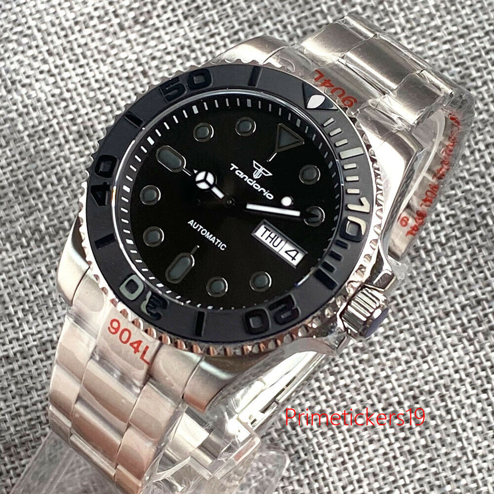 Tandorio NH36A Auto Date Weekday Automatic Men Watch Black Dial Sapphire Glass