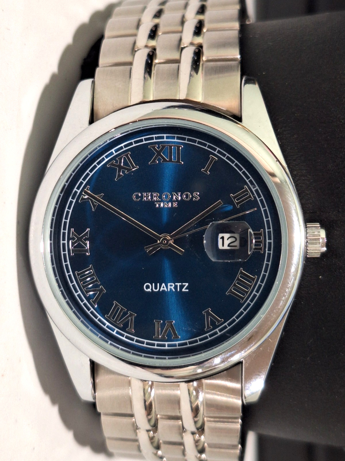 Chronos 40mm Blue Roman Number Dial Quick set Date Quartz CLEAN US Seller