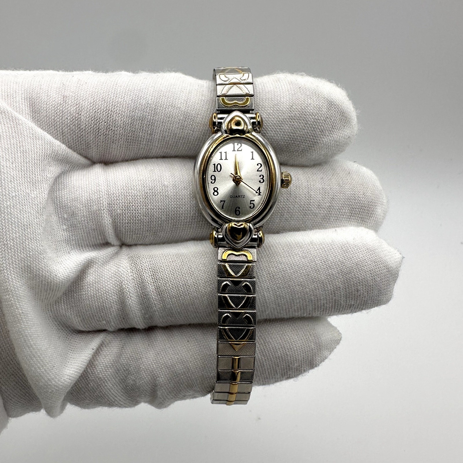 Oval Quartz Watch Two-Tone Silver And Gold Ladies Bracelet Hearts Pattern
