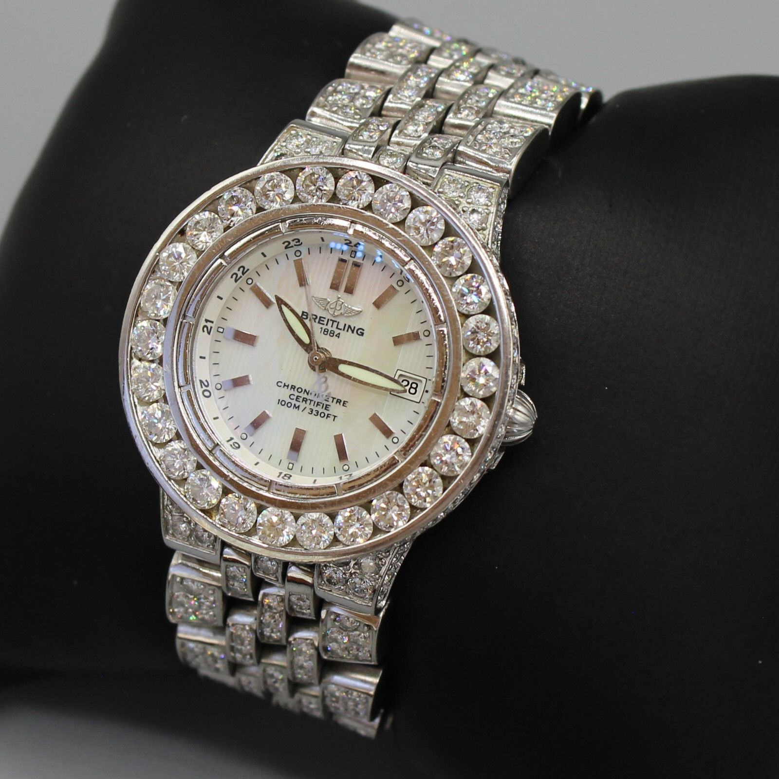 21 CARAT BUST DOWN BREITLING STARLINER WHITE MOTHER OF PEARL DIAL DIAMOND WATCH!