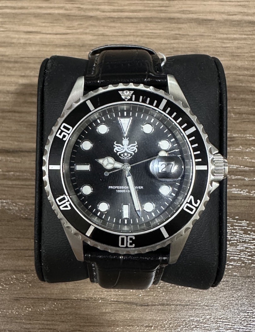 Professional Diver 1000M Automatic Men’s Dive Watch Black Dial Date Leather