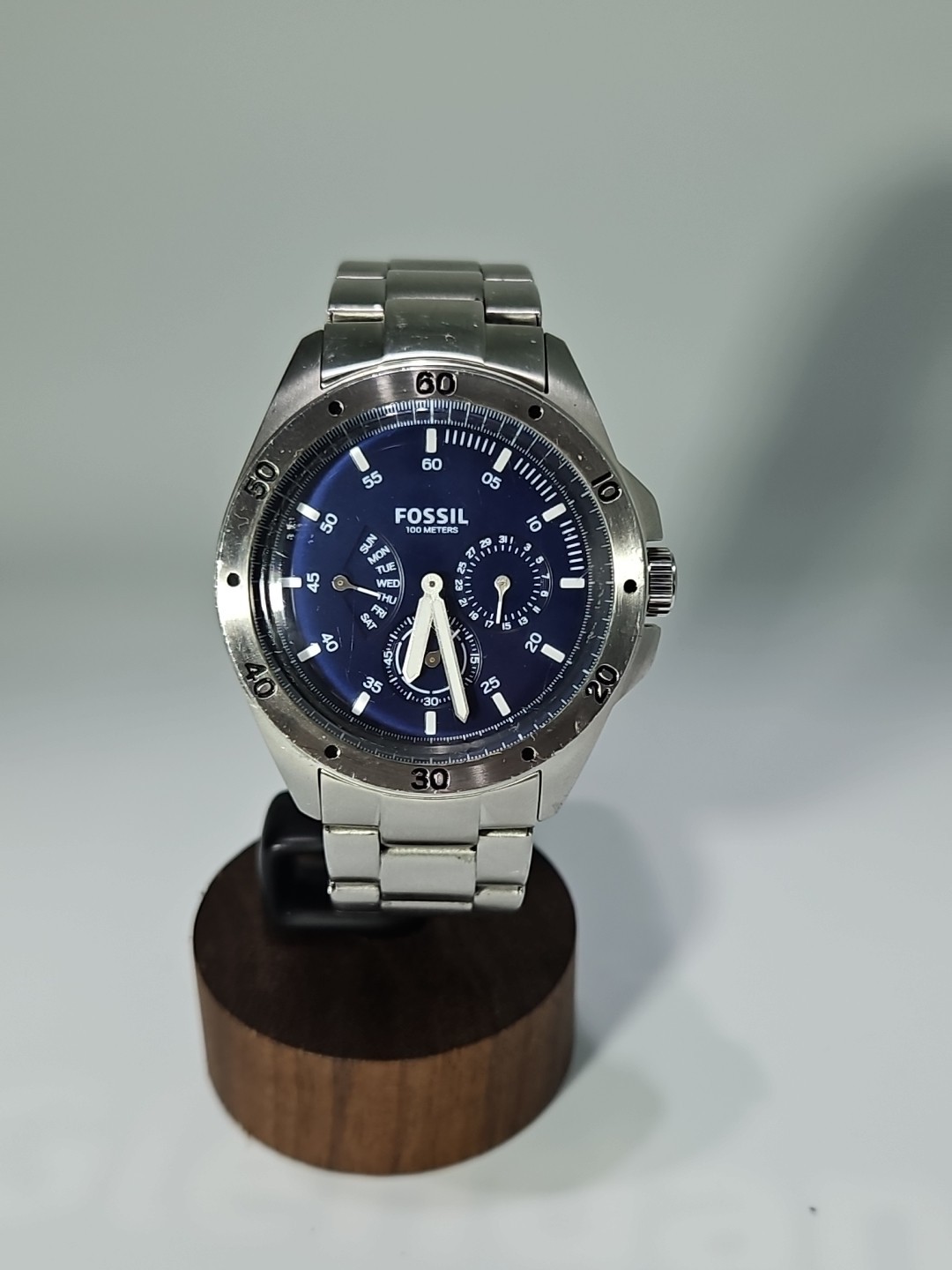 Fossil Chronograph CH3034 Quartz 100M St Steel Watch Runs New Battery Blue Dial