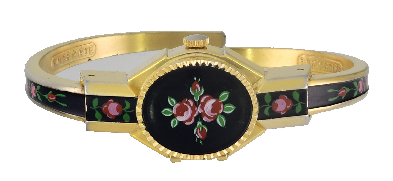 All Swiss FAITH Peek A Boo Enamel Gold Bangle Wrist Watch Perfect Working Order