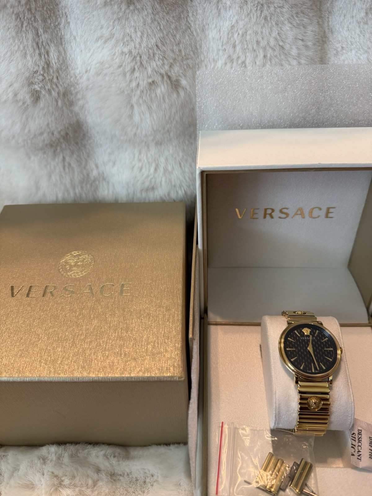 Versace Gold Tone Analog Watch Bracelet Black Dial Stick Markers Box Extra Links
