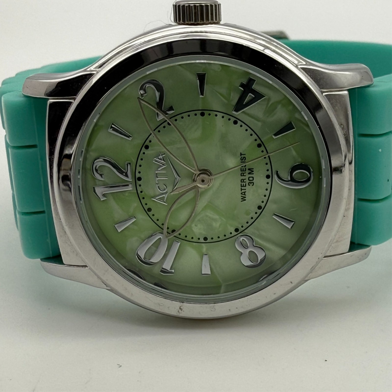 Women’s ACTIVA Silver Tone, Green MOP Dial 33mm Watch, Blue/Green Silicone Band