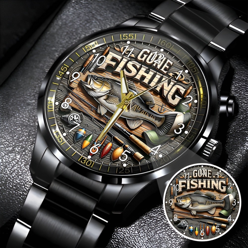 Gone Fishing Theme Stainless Steel Men’s Watch Black Wristwatch Angler Gift