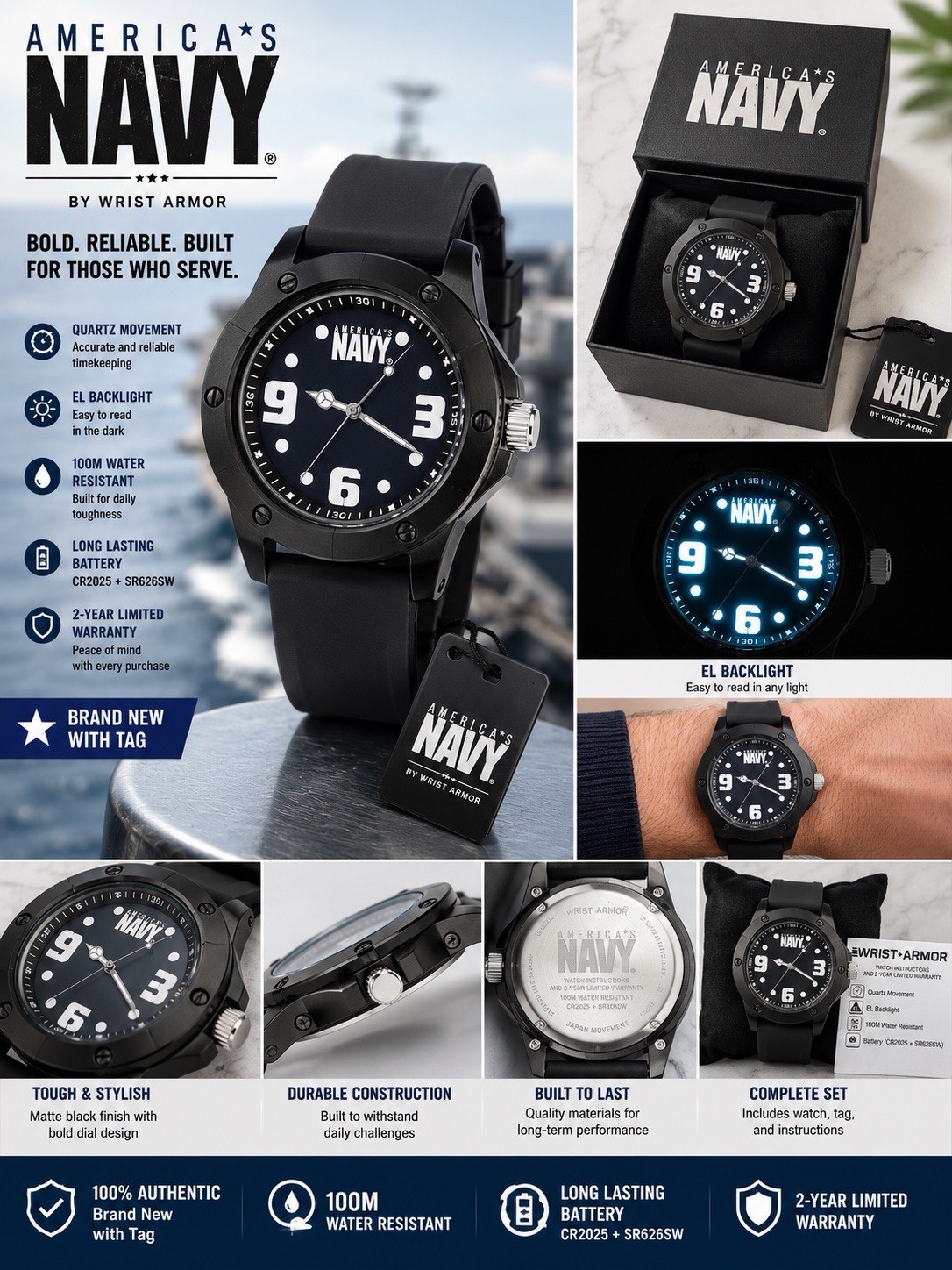 America’s Navy Wrist Armor Quartz EL Backlight 100m Black Rubber Strap 45mm