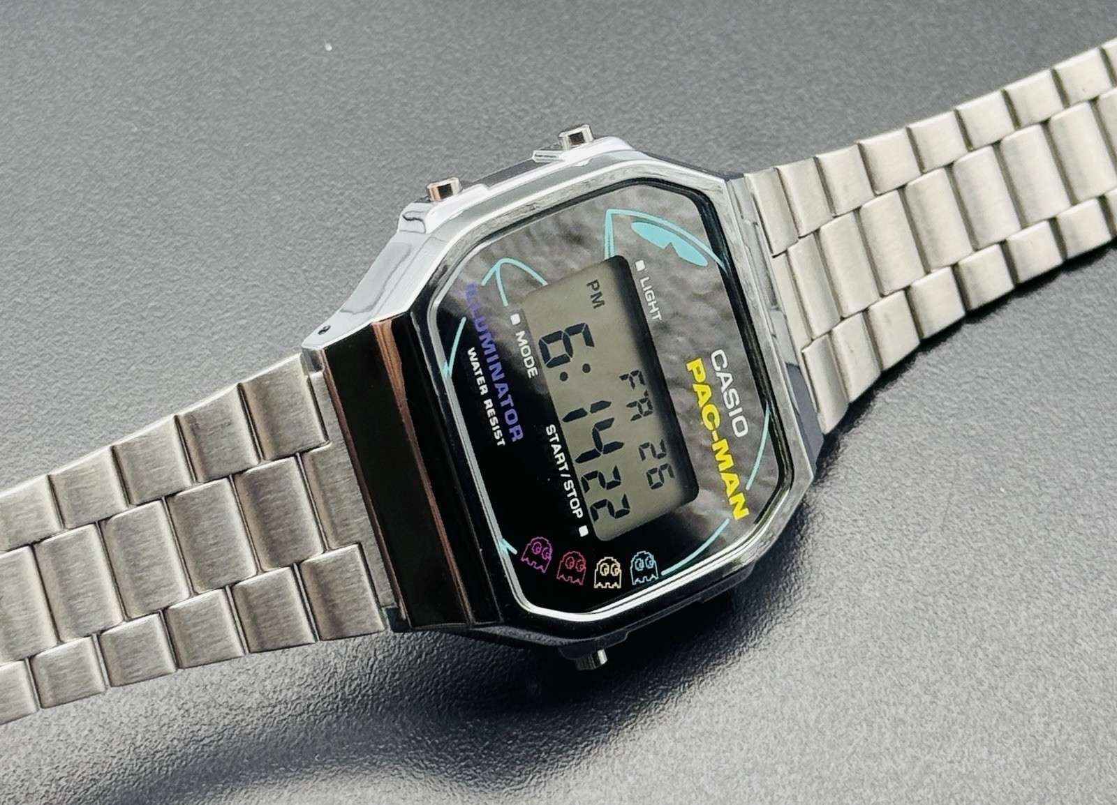 Casio PAC-MAN Retro Watch Digital LCD A168WEPC-7A Silver Illuminator Bracelet