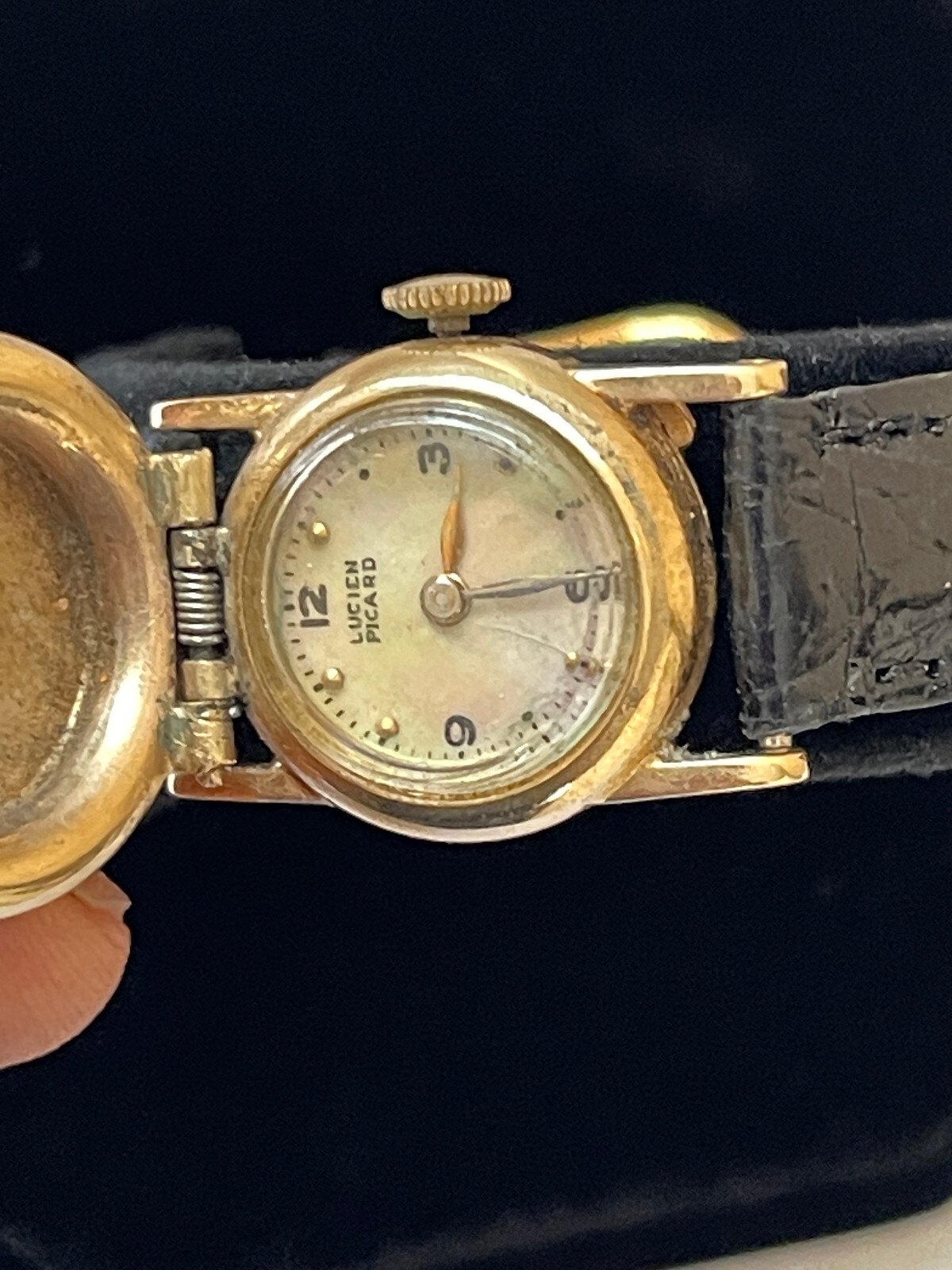 Vintage Lucien Piccard Flip Top Covered Watch with Pearls and 14k Yellow Gold.