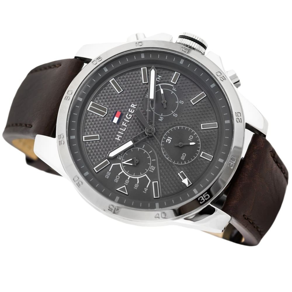 Tommy Hilfiger Men’s Watch 1791562 Gray Sunray Dial Genuine Brown Leather Strap