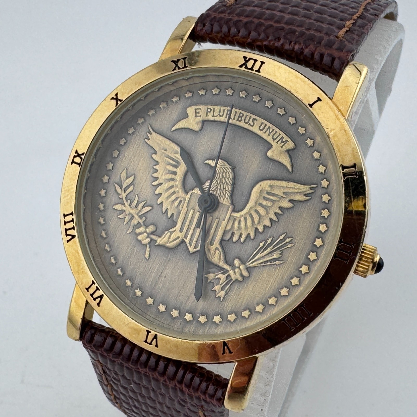 VTG E Pluribus Unum Coin Dial Quartz Watch Men Bronze Leather Analog New Battery