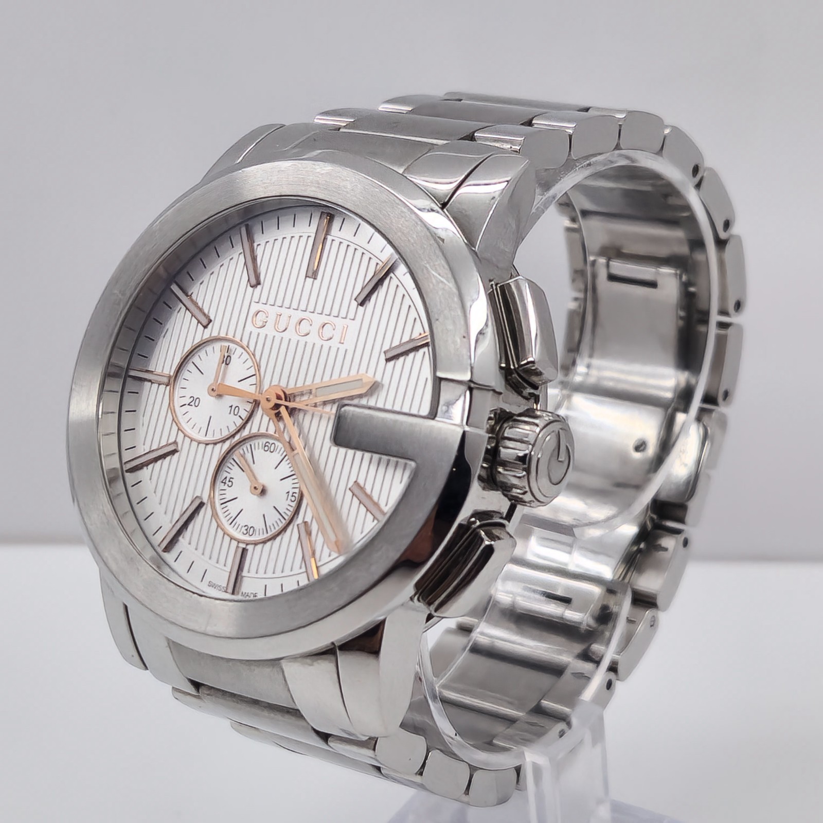 GUCCI G-CHRONO MENS $1820 SILVER ROSE GOLD ACCENTS CHRONOGRAPH WATCH YA101201
