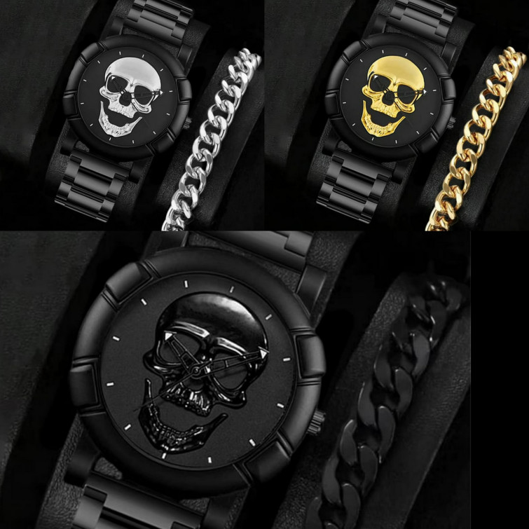 Men’s Quartz Skull Design Stainless Steel Band Watch (8.7″) + Bracelet (9.5″)
