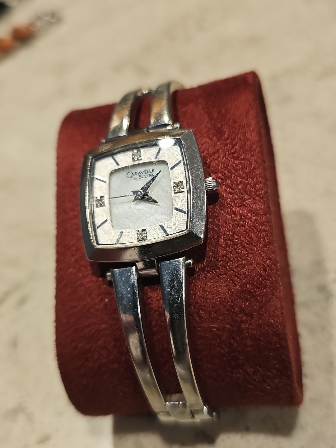 Vintage Caravelle Bulova Square Rainbow Abalone Dial Crystal Accent