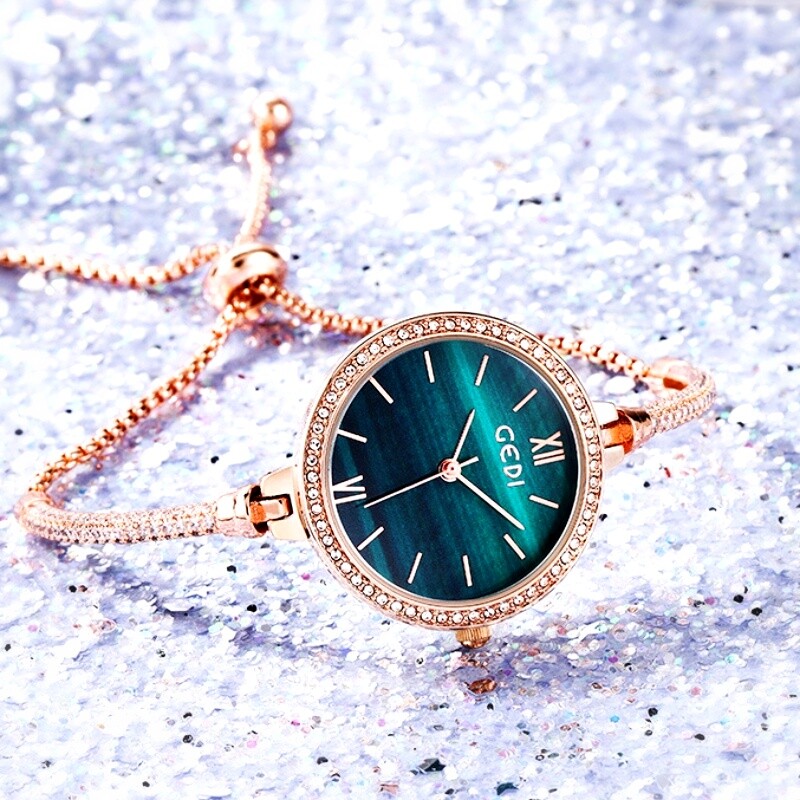 18K Rose Gold Filled Crystal Round Face Adjustable Slide Bracelet Quartz Watch